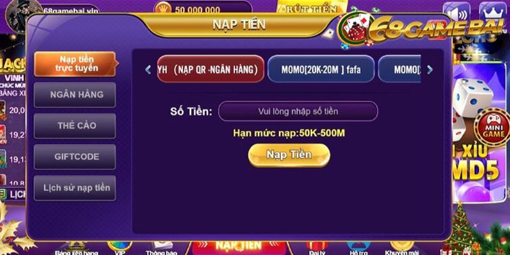 Các bước nạp tiền tại 68 game bài